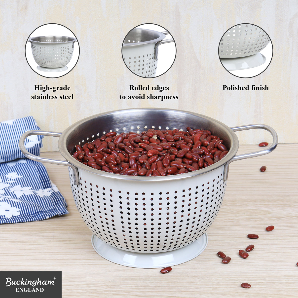 Buckingham Stainless Steel Tropical Deep Colander Ivory Grey