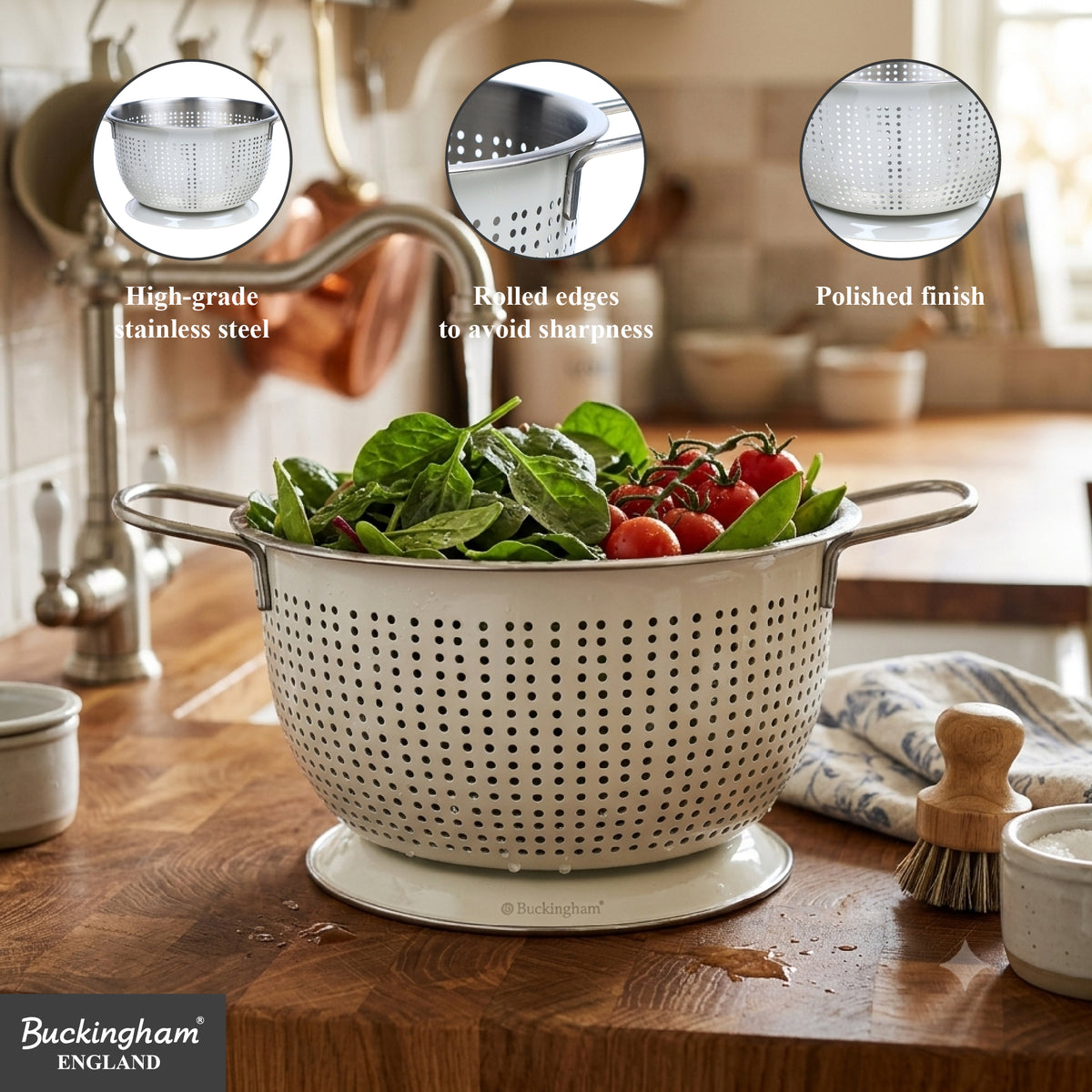 Buckingham Stainless Steel Tropical Deep Colander Ivory Grey