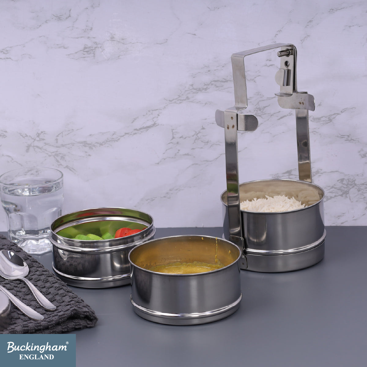 Buckingham Premium Stainless Steel 3-Tier Bombay Tiffin Box 14 cm.