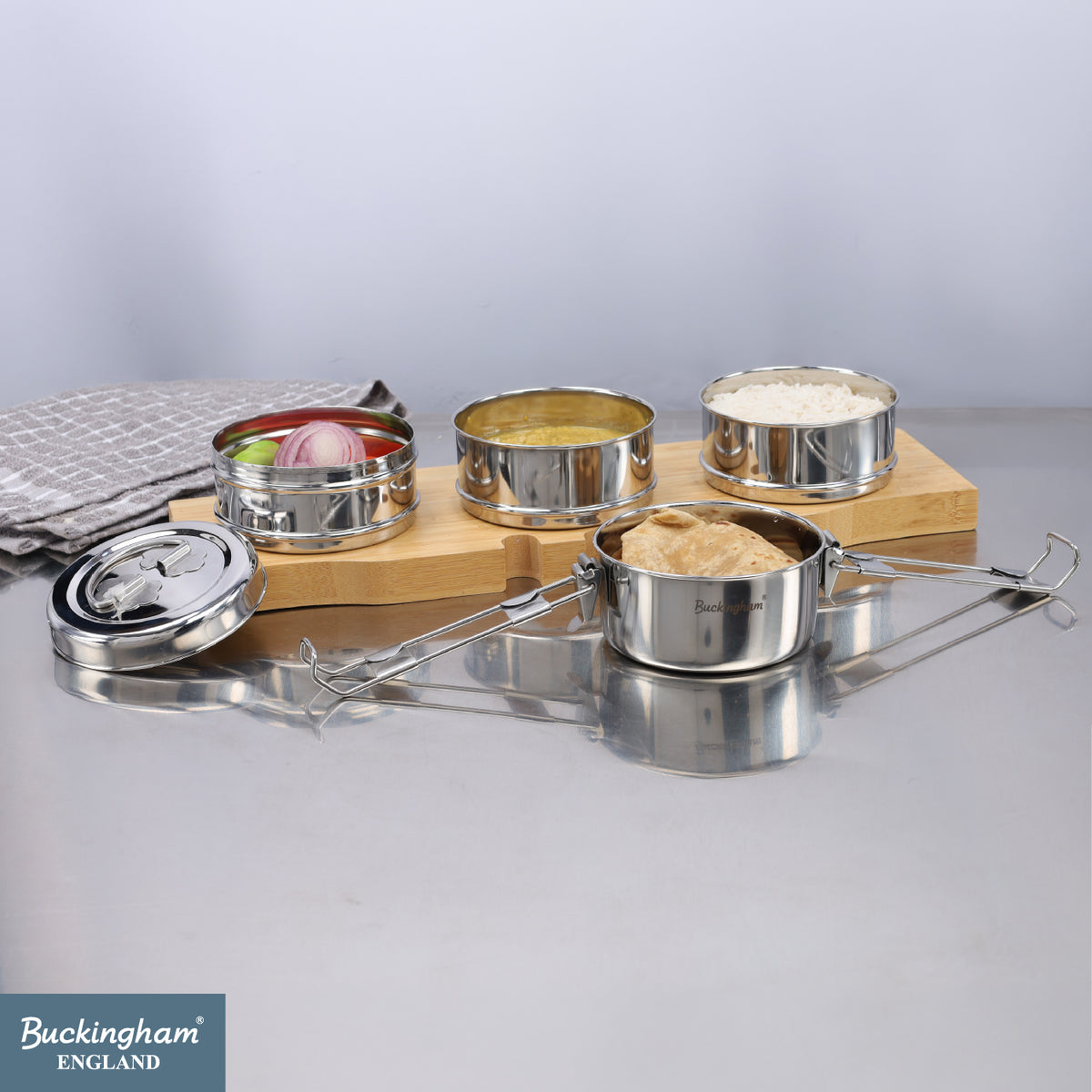 Buckingham Premium Stainless Steel Tiffin Box with Secure Locks & Carry Handle