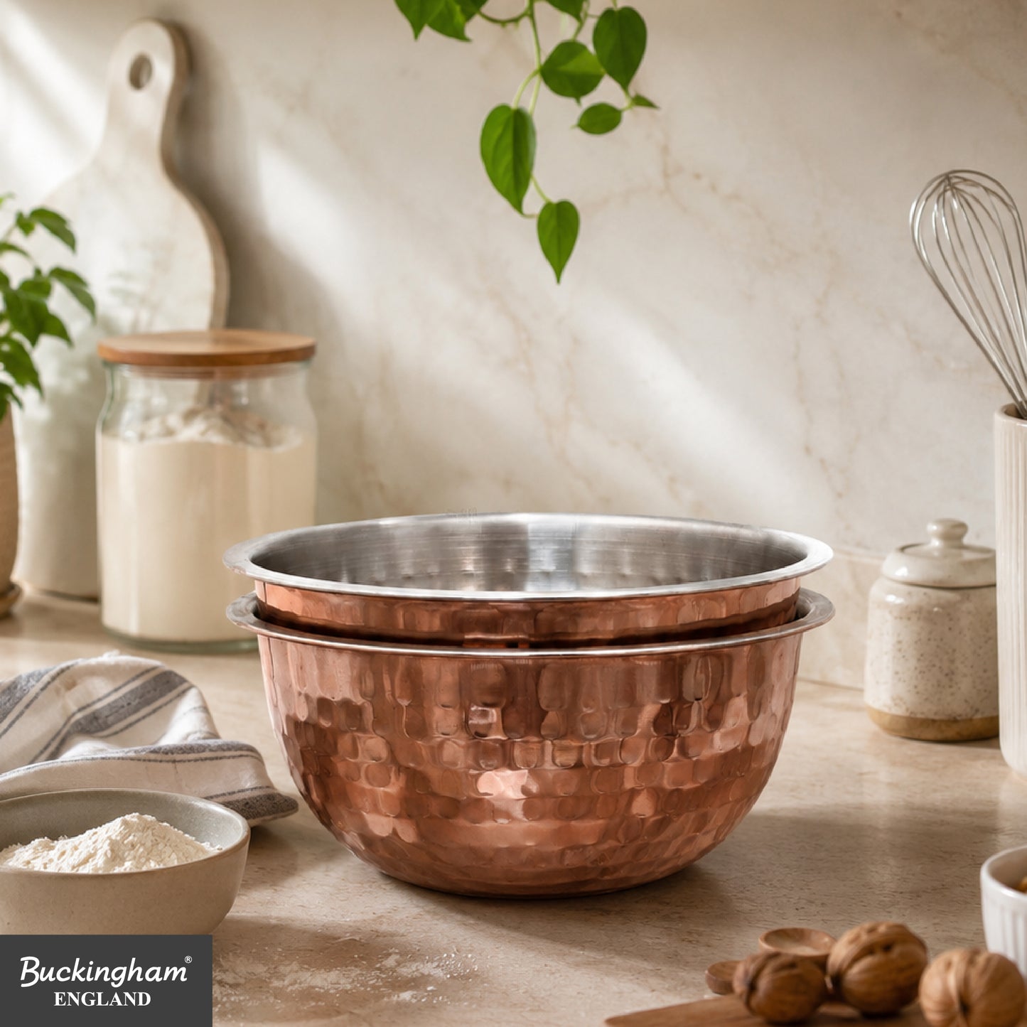 Buckingham Pack of 2 Mixing Bowls Stainless Steel with Hammered Copper Finish 0.7 L 14 cm