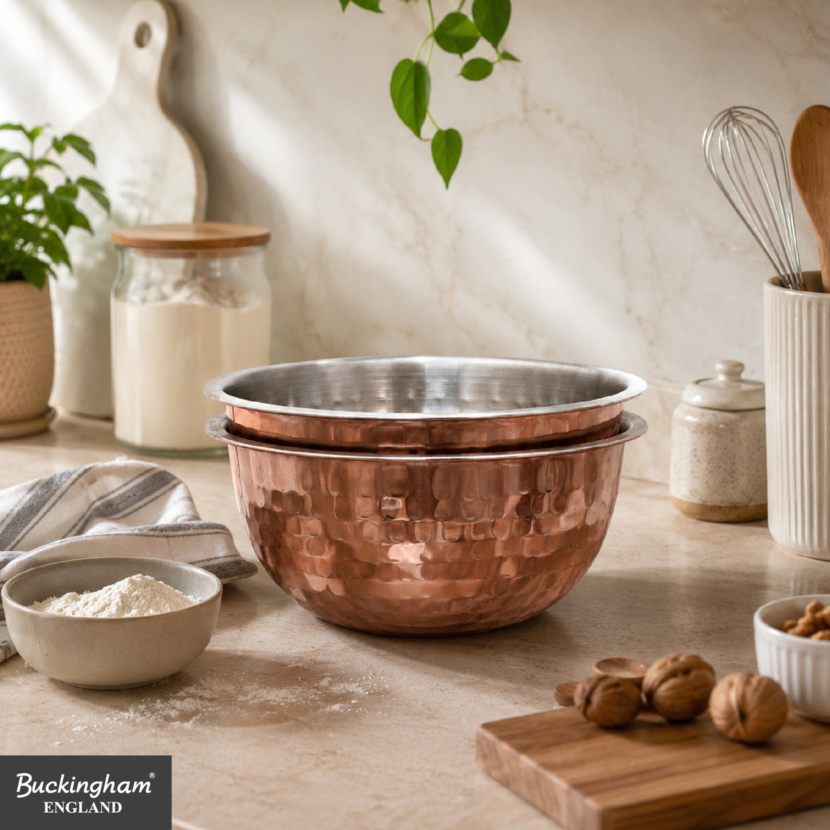 Buckingham Pack of 2 Mixing Bowls Stainless Steel with Hammered Copper Finish 0.7 L 14 cm