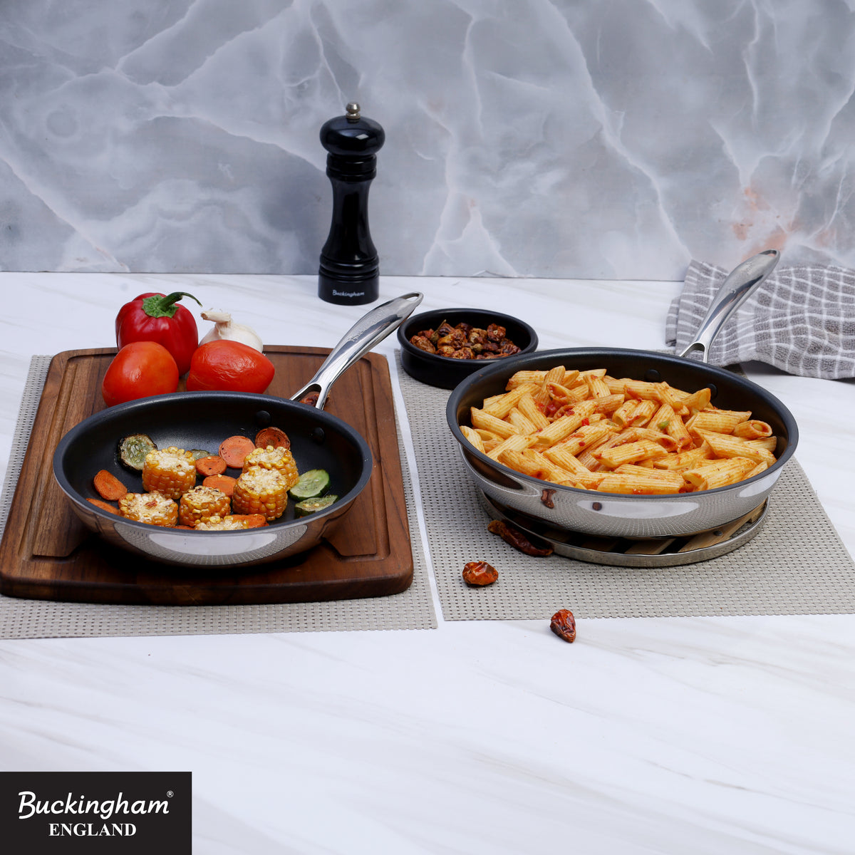 Buckingham Tri-Ply 18/8 SS Set of 2 Frying Pans 20 & 24 cm, ultimate ILAG non-stick coating.