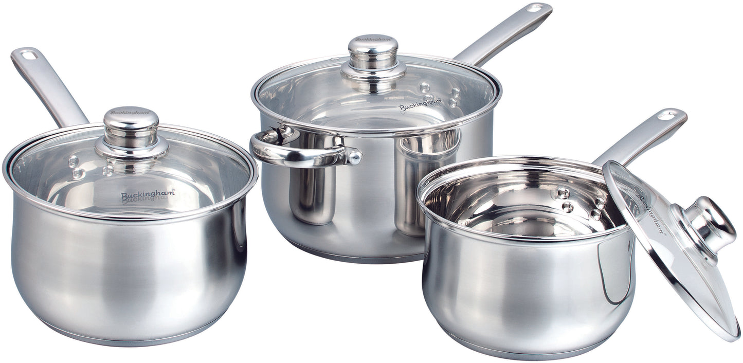 Buckingham 3 Piece Induction Stainless Steel Deep Saucepan Cookware Pan Pot Set, 16 cm, 18 cm & 20 cm - Premium Quality,