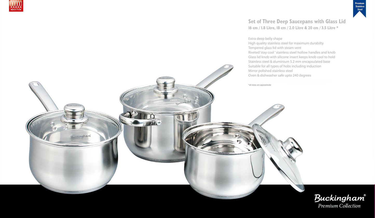 Buckingham 3 Piece Induction Stainless Steel Deep Saucepan Cookware Pan Pot Set, 16 cm, 18 cm & 20 cm - Premium Quality,