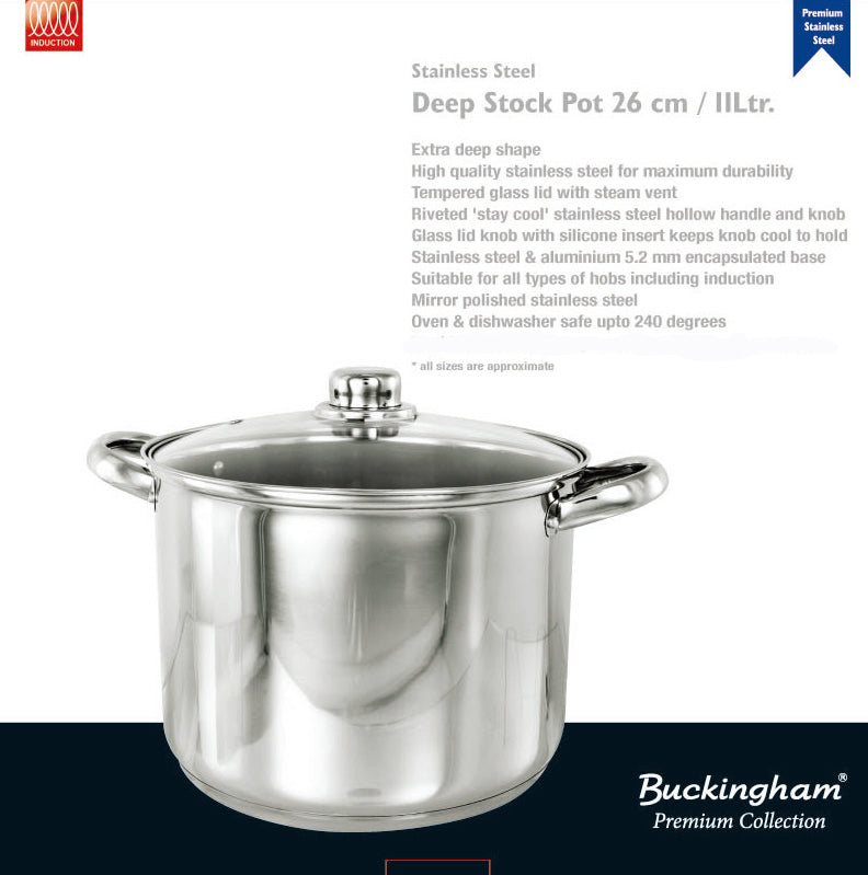 Buckingham Stock Pot Cooking Boiling Stew Soup Pot Stainless Steel Induction 26 cm / 11 Litres