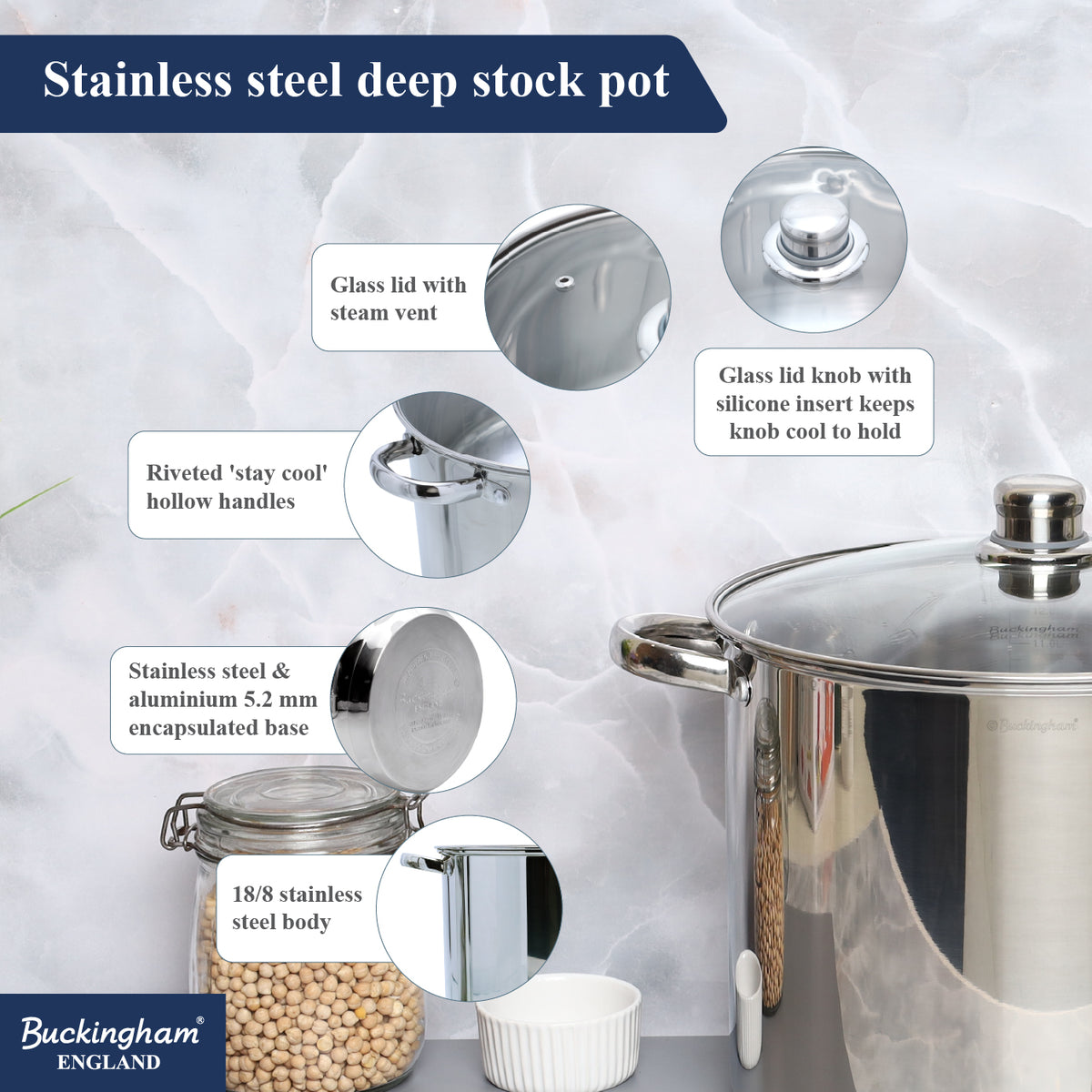 Buckingham Premium Stainless Steel Stock Pot with Glass Lid