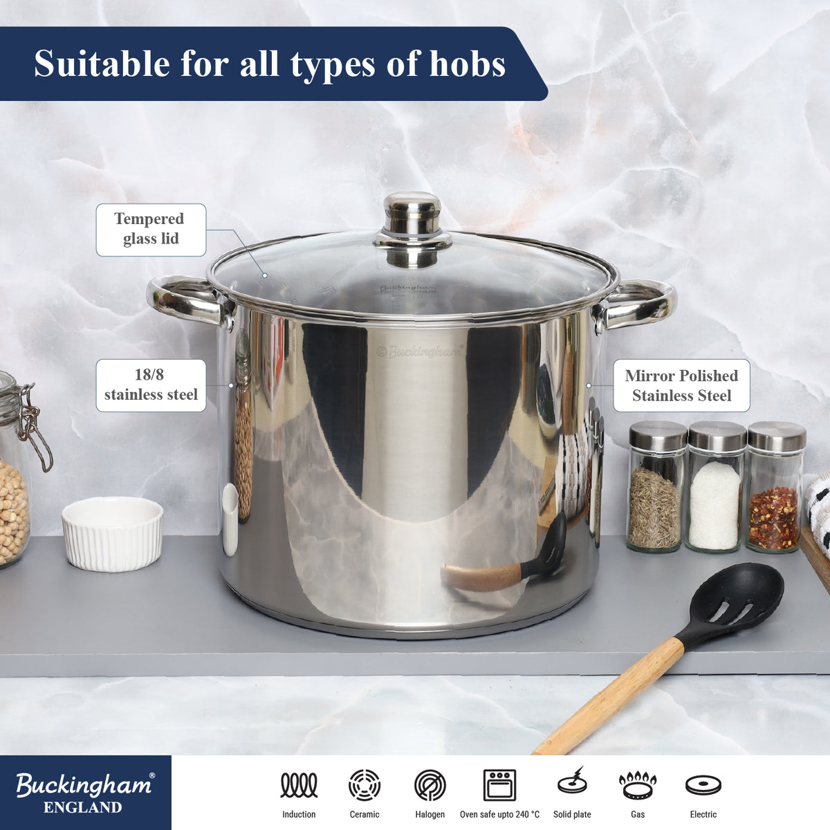 Buckingham Premium Stainless Steel Stock Pot with Glass Lid