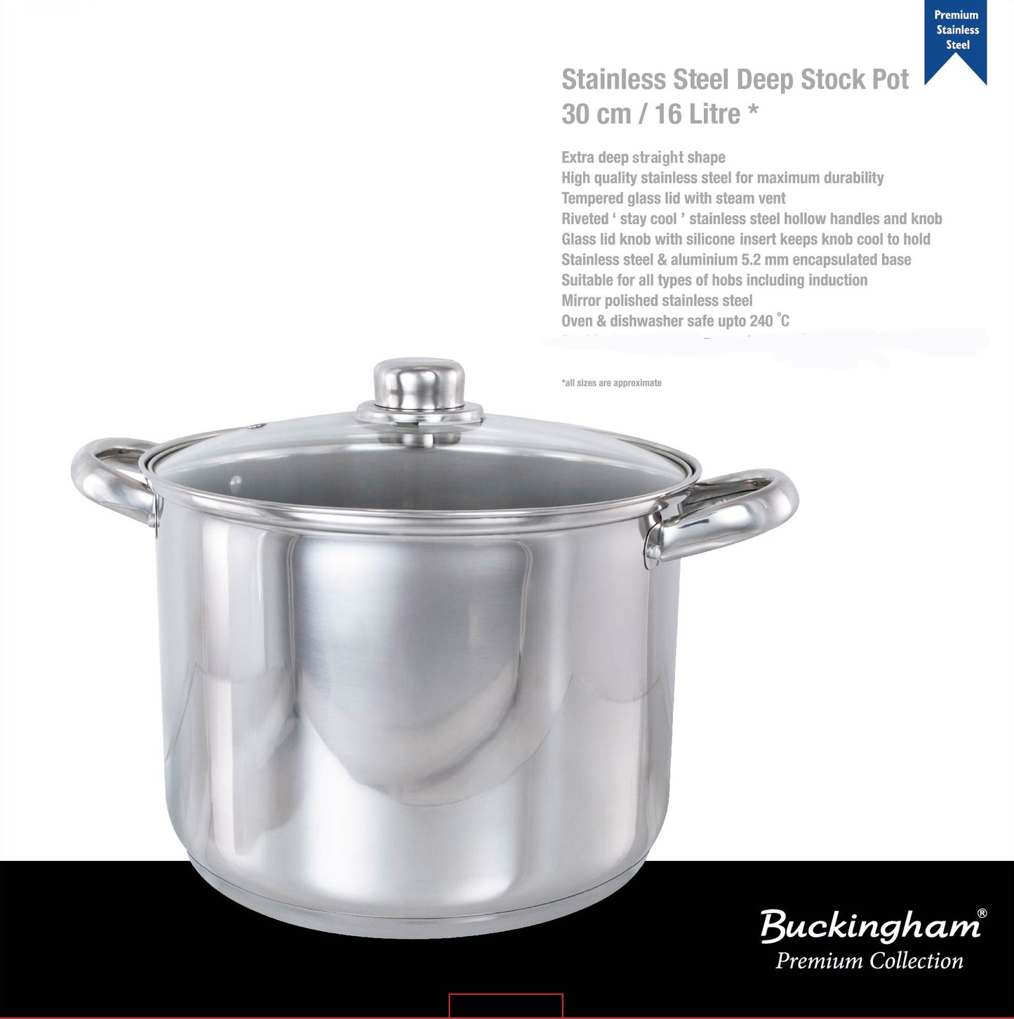 Buckingham Stock Pot Cooking Boiling Stew Soup Pot Stainless Steel Induction 30 cm / 16 Litres