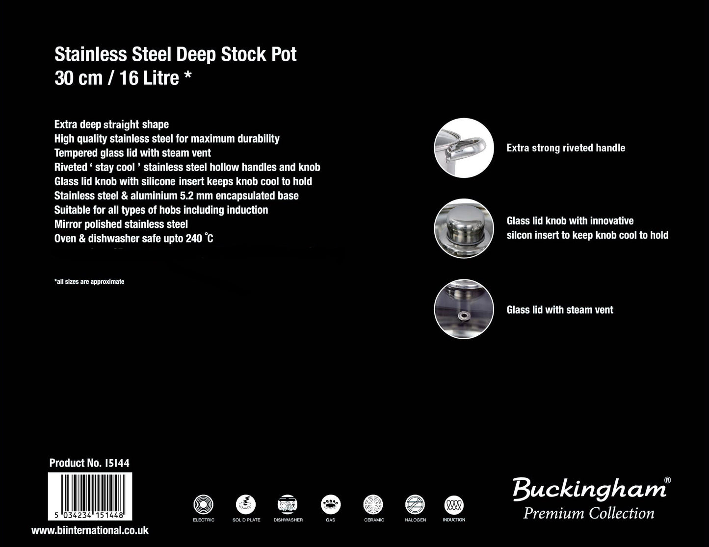 Buckingham Stock Pot Cooking Boiling Stew Soup Pot Stainless Steel Induction 30 cm / 16 Litres