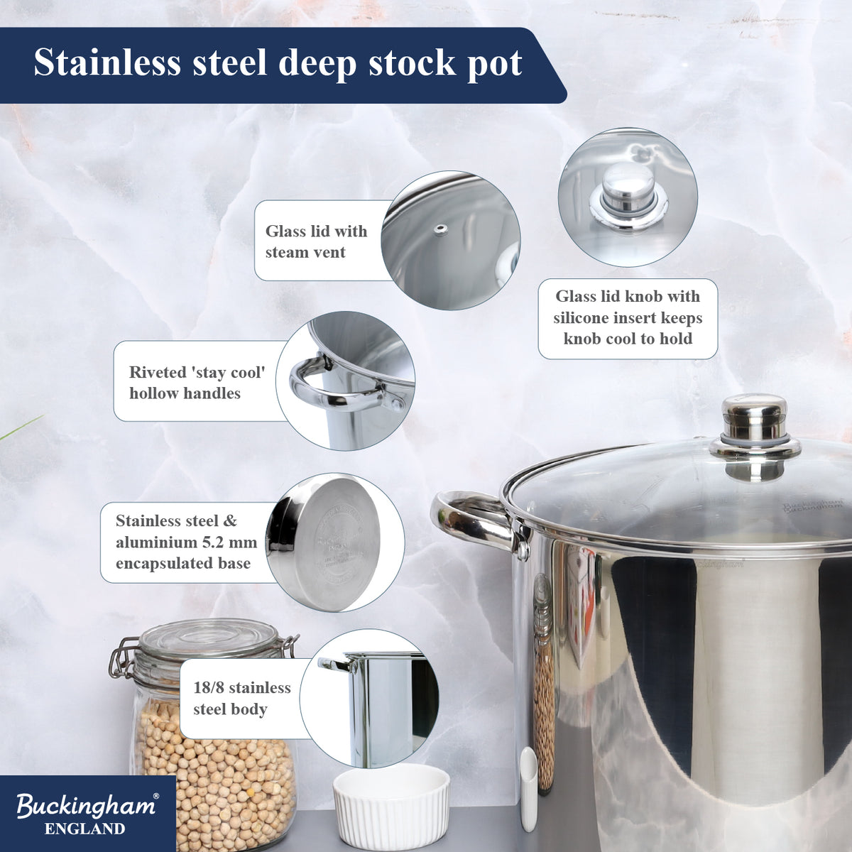 Buckingham Premium Stainless Steel Stock Pot with Glass Lid