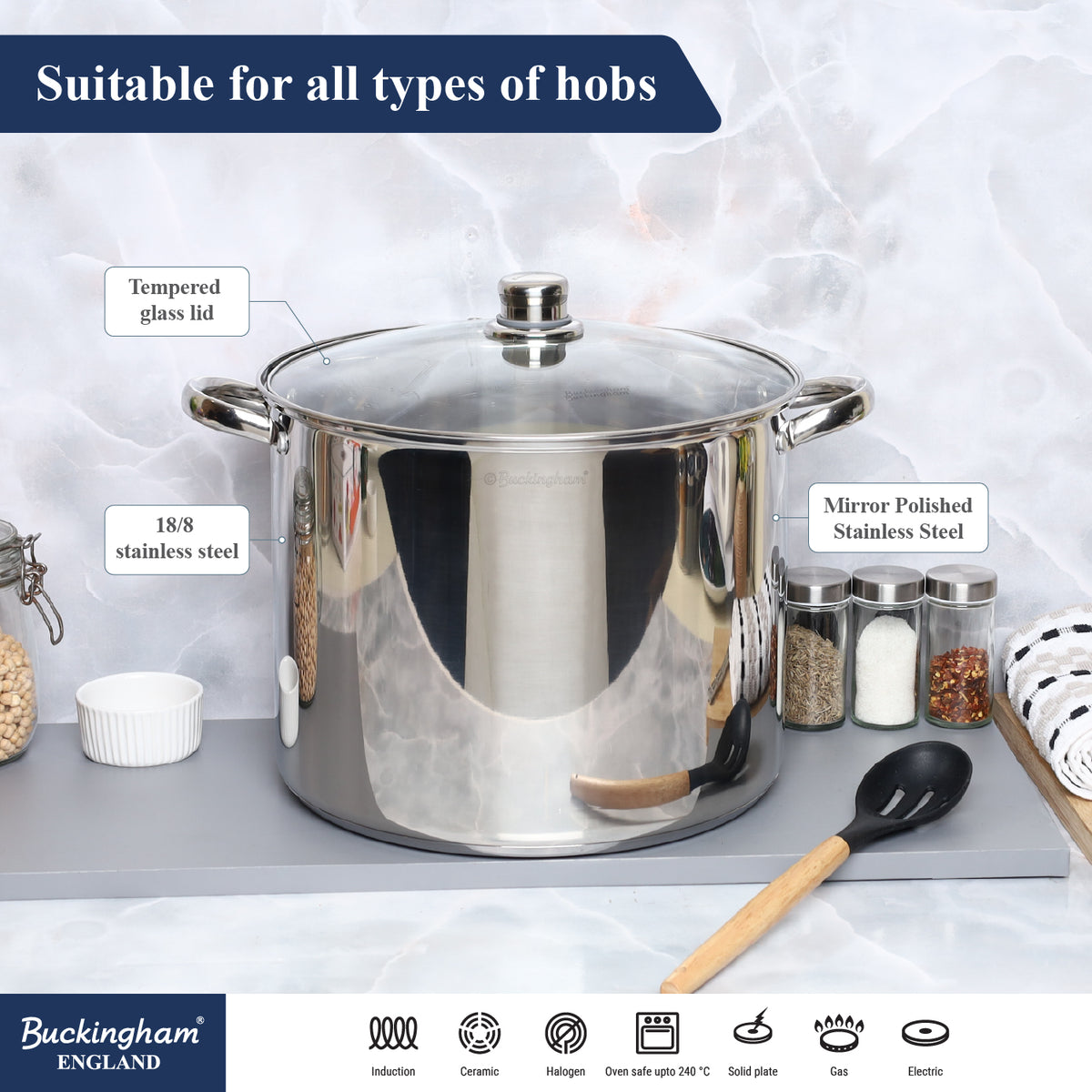 Buckingham Premium Stainless Steel Stock Pot with Glass Lid