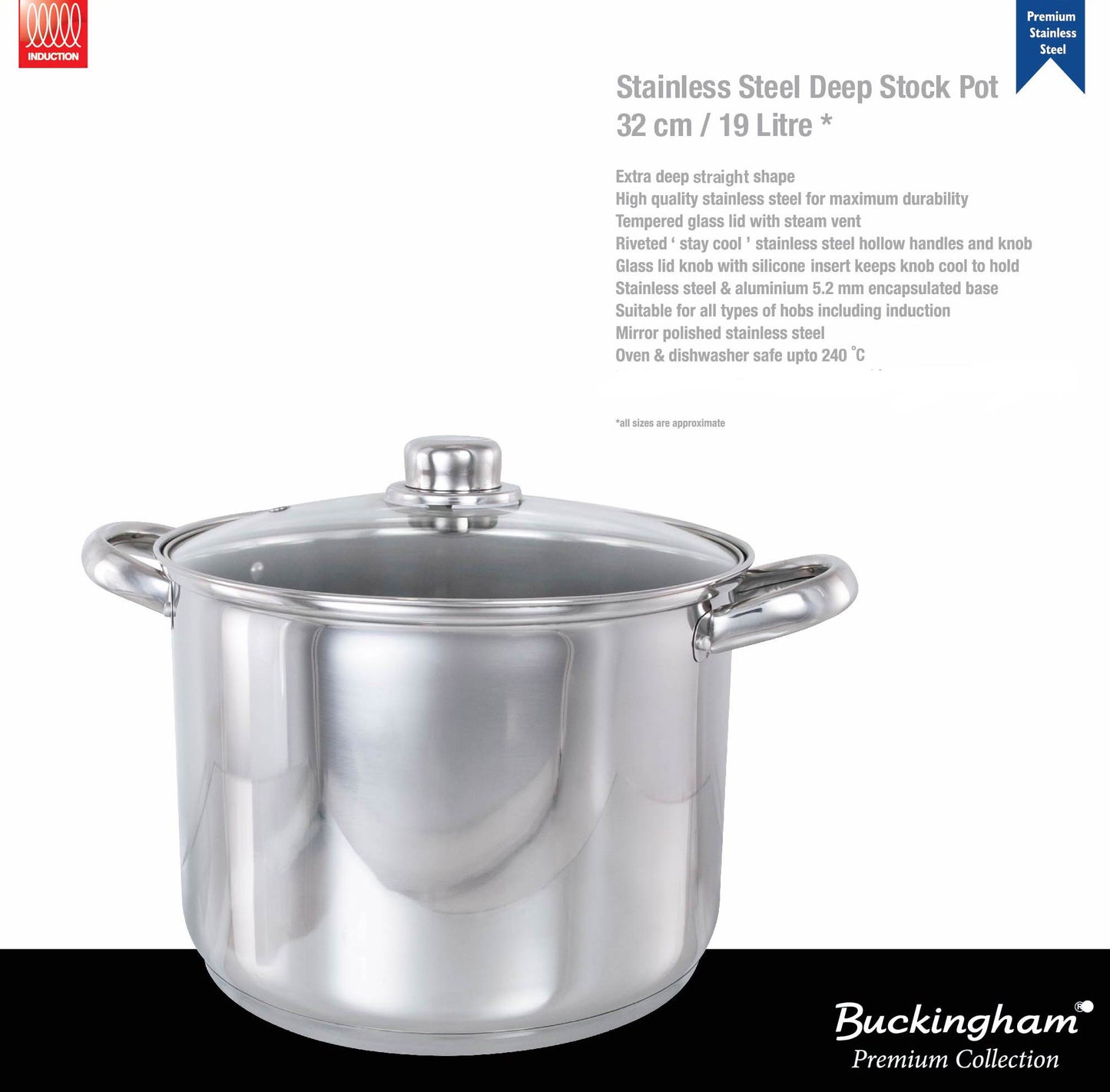 Buckingham Stock Pot Cooking Boiling Stew Soup Pot Stainless Steel Induction 32 cm / 19 Litres