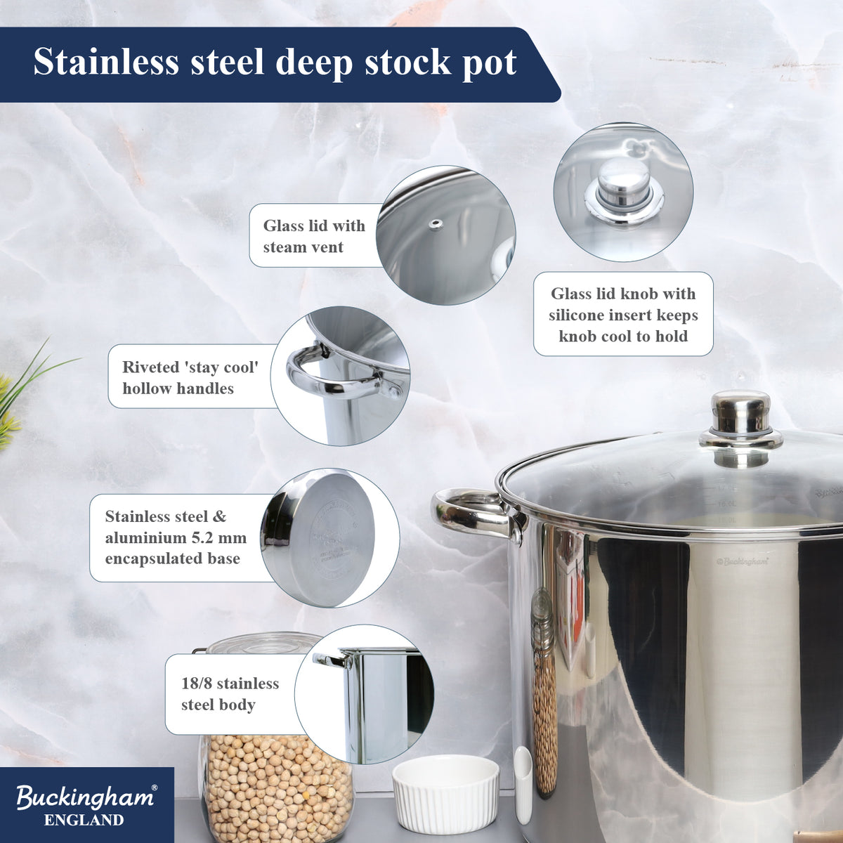 Buckingham Premium Stainless Steel Stock Pot with Glass Lid