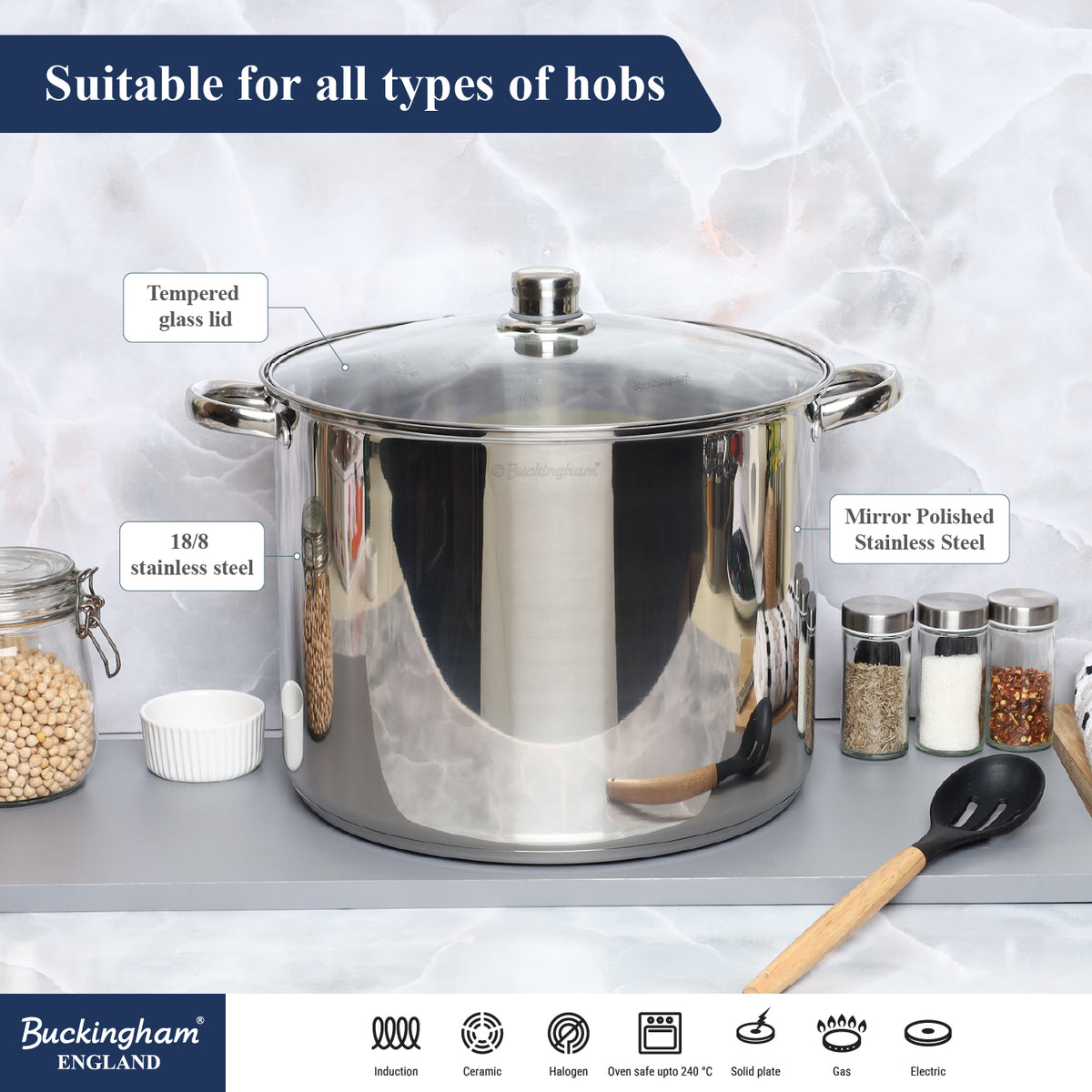 Buckingham Premium Stainless Steel Stock Pot with Glass Lid