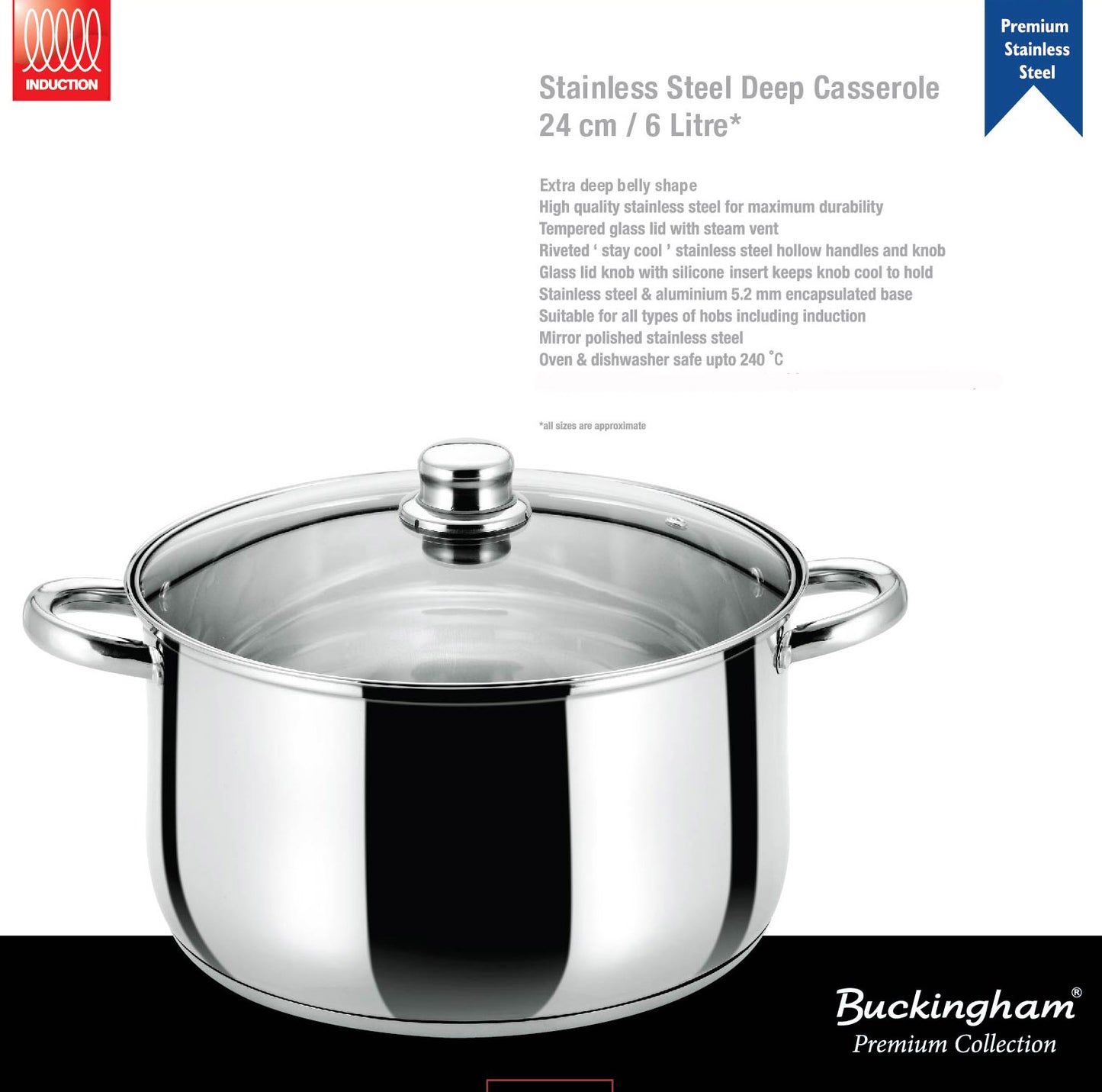 Buckingham 15148 Deep Induction Casserole with Glass Lid 24 cm, 6 L