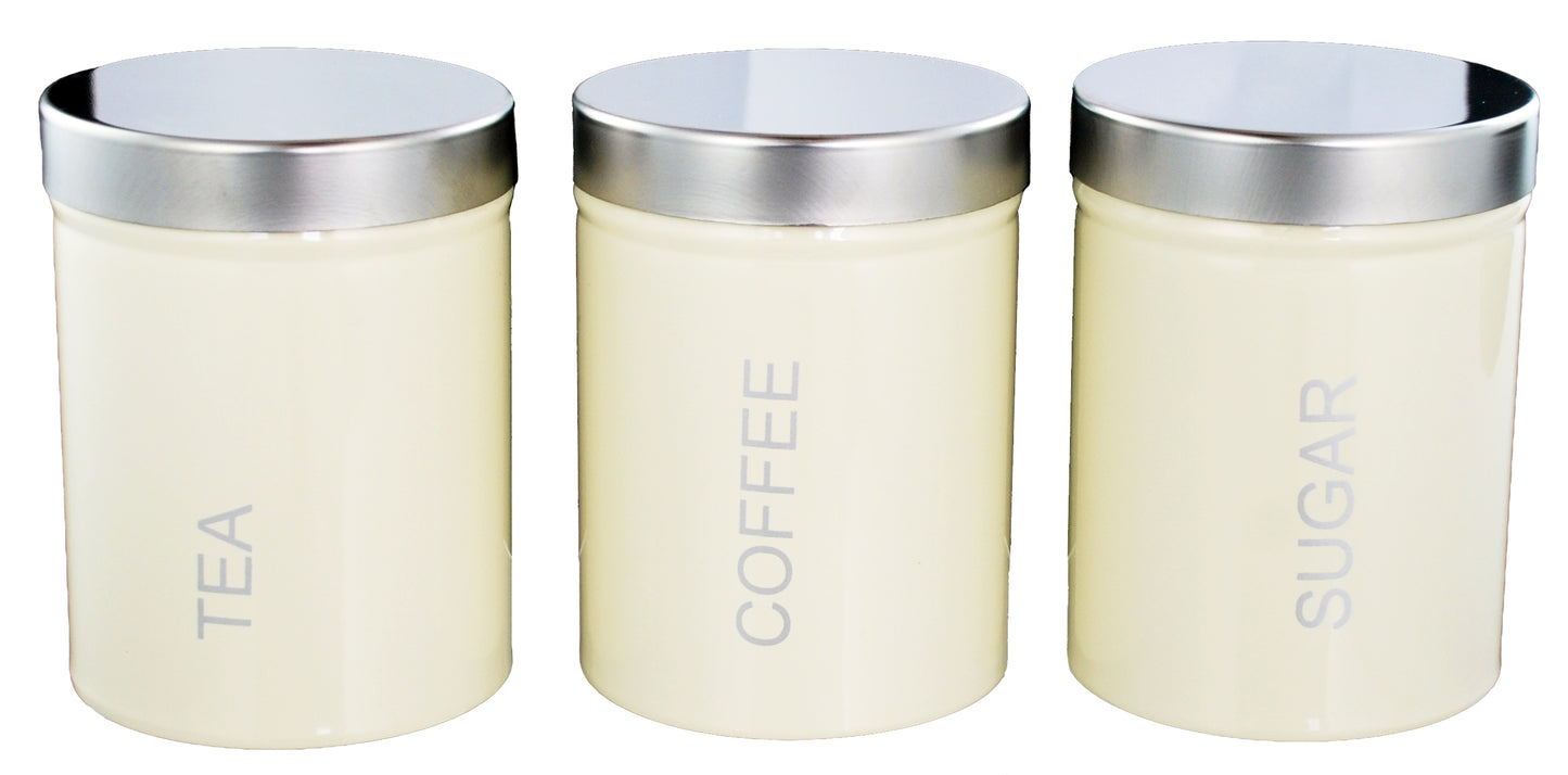 Buckingham 3-Piece Kitchen Storage Canisters Jar Ideal for Tea Coffee and Sugar with Stainless Steel Lid, Cream, 10 cm