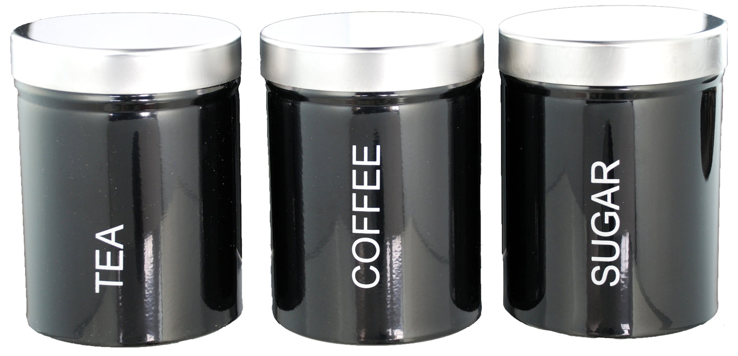 Buckingham Set of Three Kitchen Storage Canisters Jar Ideal for Tea Coffee and Sugar - Black