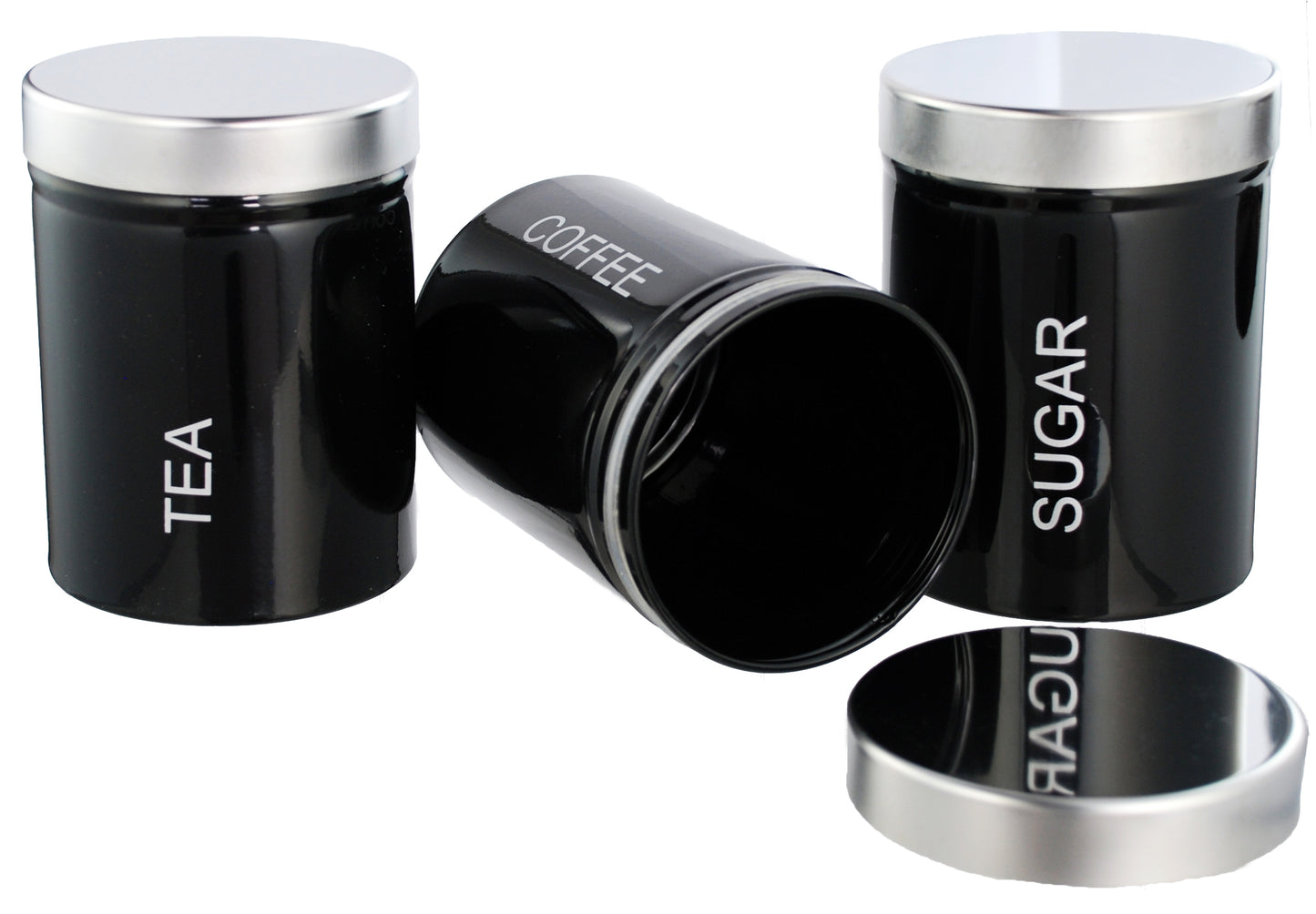 Buckingham Set of Three Kitchen Storage Canisters Jar Ideal for Tea Coffee and Sugar - Black