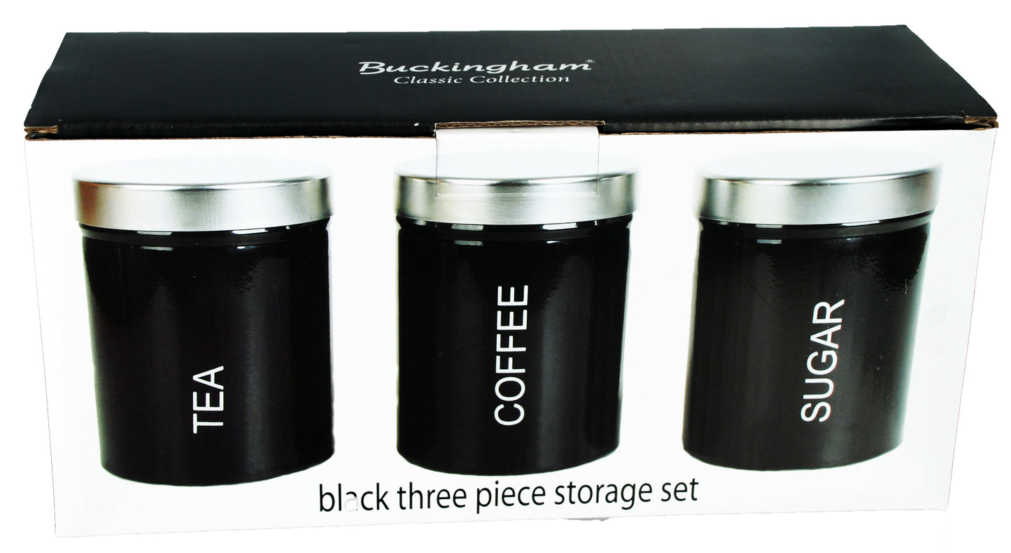 Buckingham Set of Three Kitchen Storage Canisters Jar Ideal for Tea Coffee and Sugar - Black