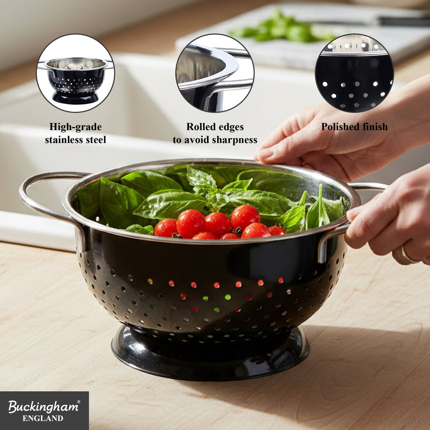 Buckingham Stainless Steel Hemisphere colander / strainer Black