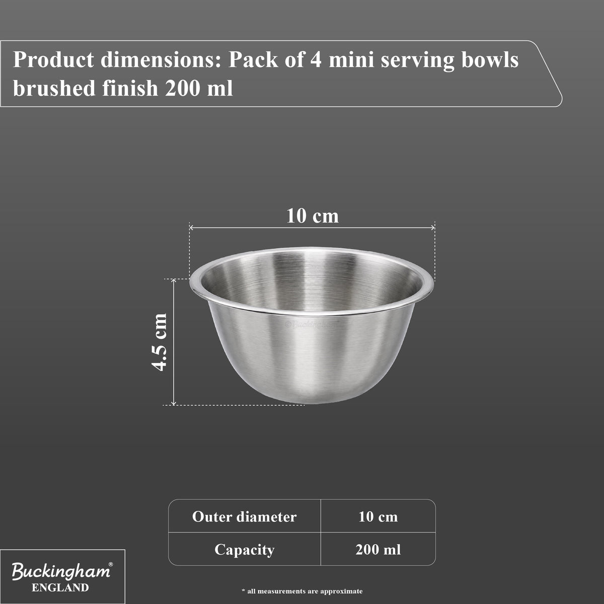 Buckingham Stainless Steel Set of 4 Mini Pudding Bowl 200 ml (10 cm)