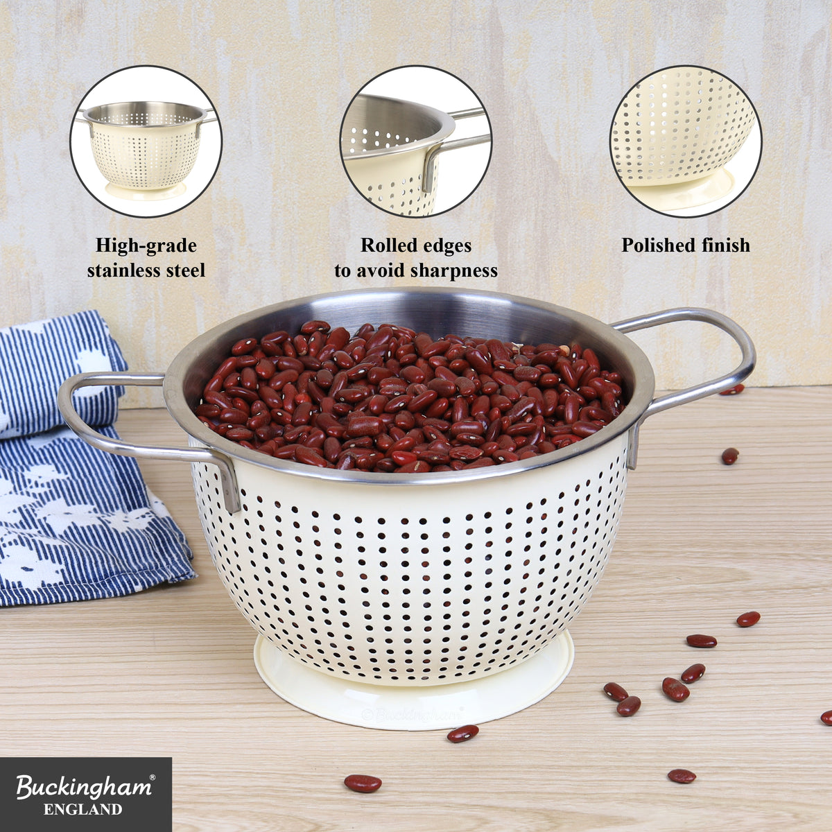 Buckingham Stainless Steel Tropical Deep Colander Cream