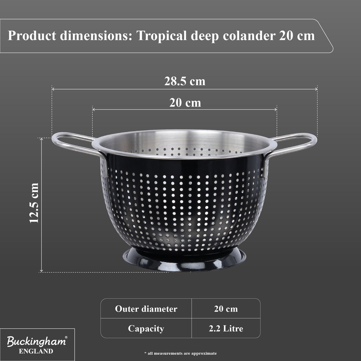 Buckingham Stainless Steel Tropical Deep Colander Black