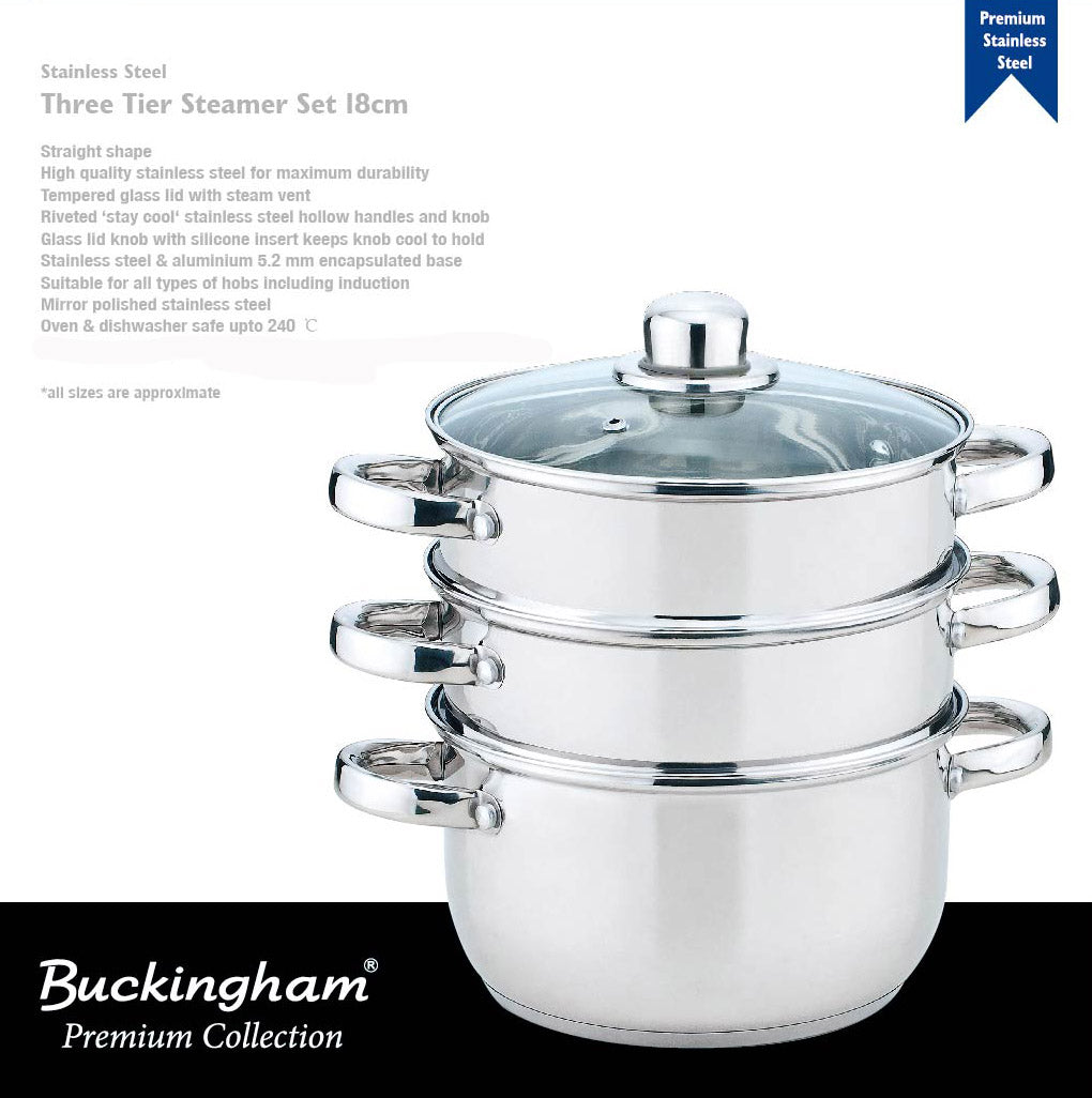 Buckingham Premium Induction Stainless Steel Three Tier Steamer Set  18 cm