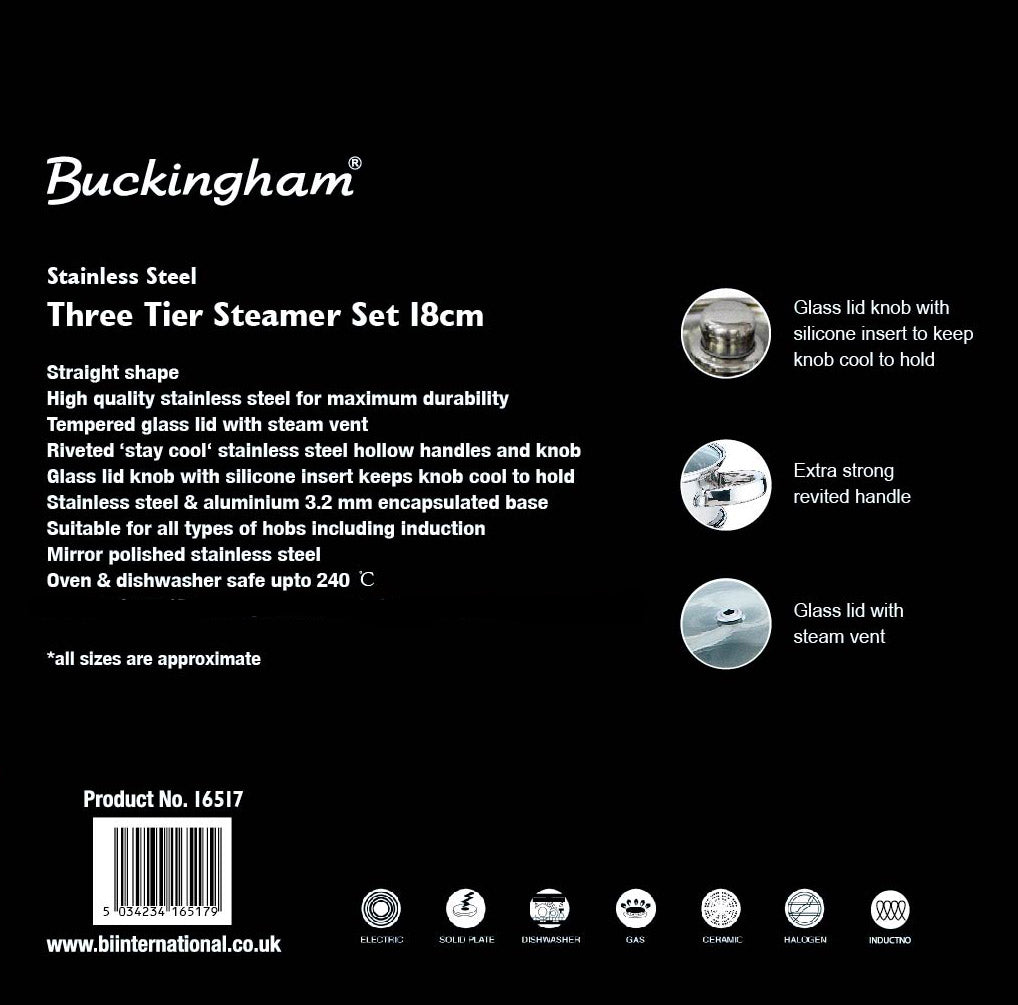 Buckingham Premium Induction Stainless Steel Three Tier Steamer Set  18 cm