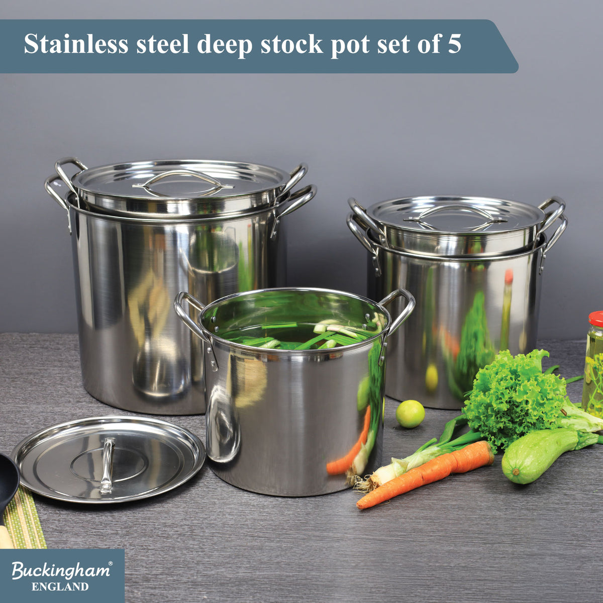 Buckingham Stainless Steel Stock Pot Set of 5 Piece with Lids