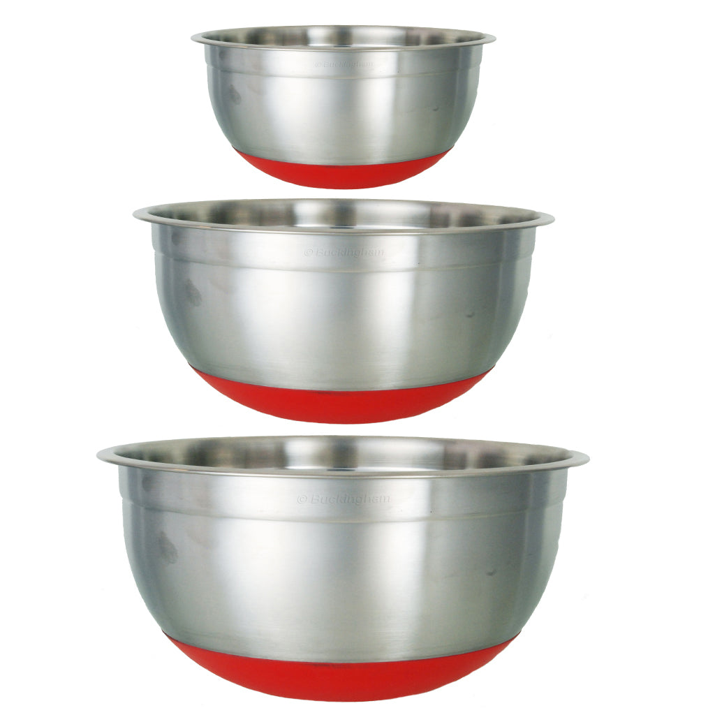 Buckingham Designer Salad/Mixing Bowls, Set of 3, Silver/Black and red