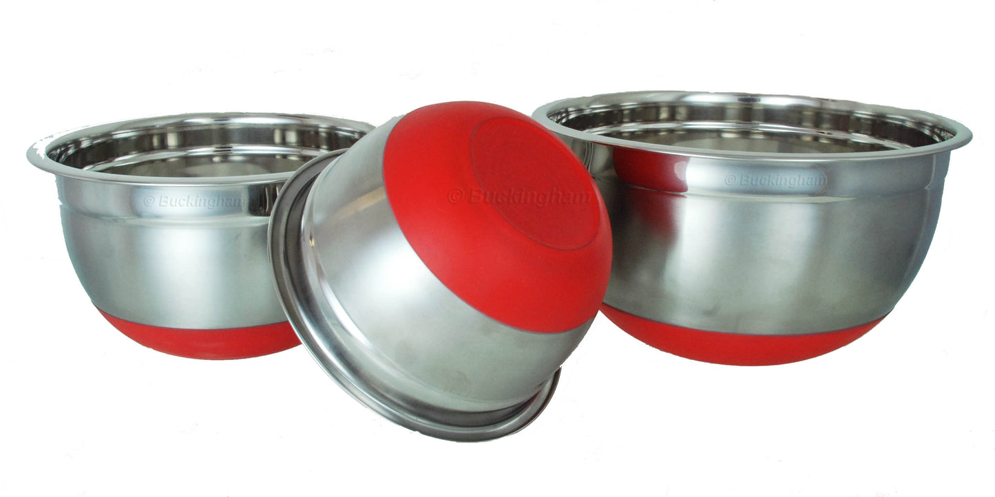 Buckingham Designer Salad/Mixing Bowls, Set of 3, Silver/Black and red