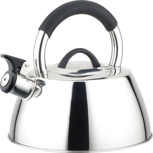 Buckingham Modern Stainless Steel Stove Top Induction Whistling Kettle 3 Litre Satin Finish with black silicon grip stay cool handle, 22.5 x 22.5 x 23 cm.