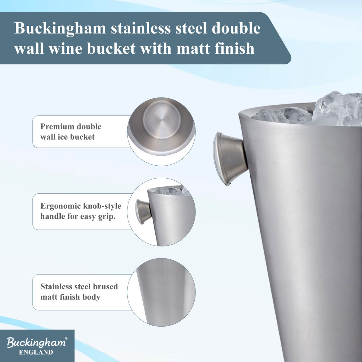 Buckingham Stainless Steel Double Wall Insulated Champagne Wine Bucket 4.8 L 22.5 cm