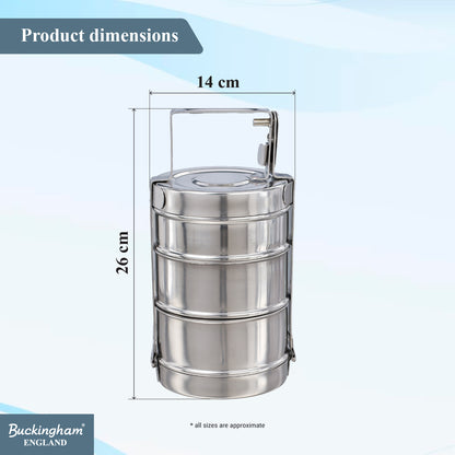 Buckingham Premium Stainless Steel 3-Tier Bombay Tiffin Box 14 cm.