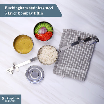 Buckingham Premium Stainless Steel 3-Tier Bombay Tiffin Box 14 cm.