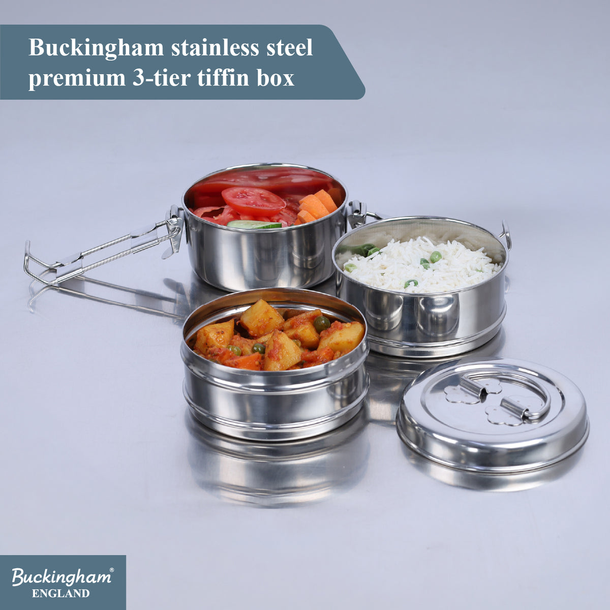 Buckingham Premium Stainless Steel Tiffin Box with Secure Locks & Carry Handle