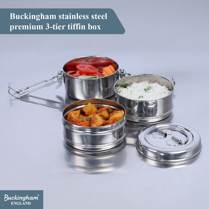 Buckingham Premium Stainless Steel Tiffin Box with Secure Locks & Carry Handle