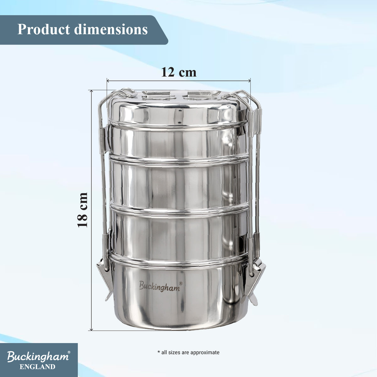 Buckingham Premium Stainless Steel Tiffin Box with Secure Locks & Carry Handle