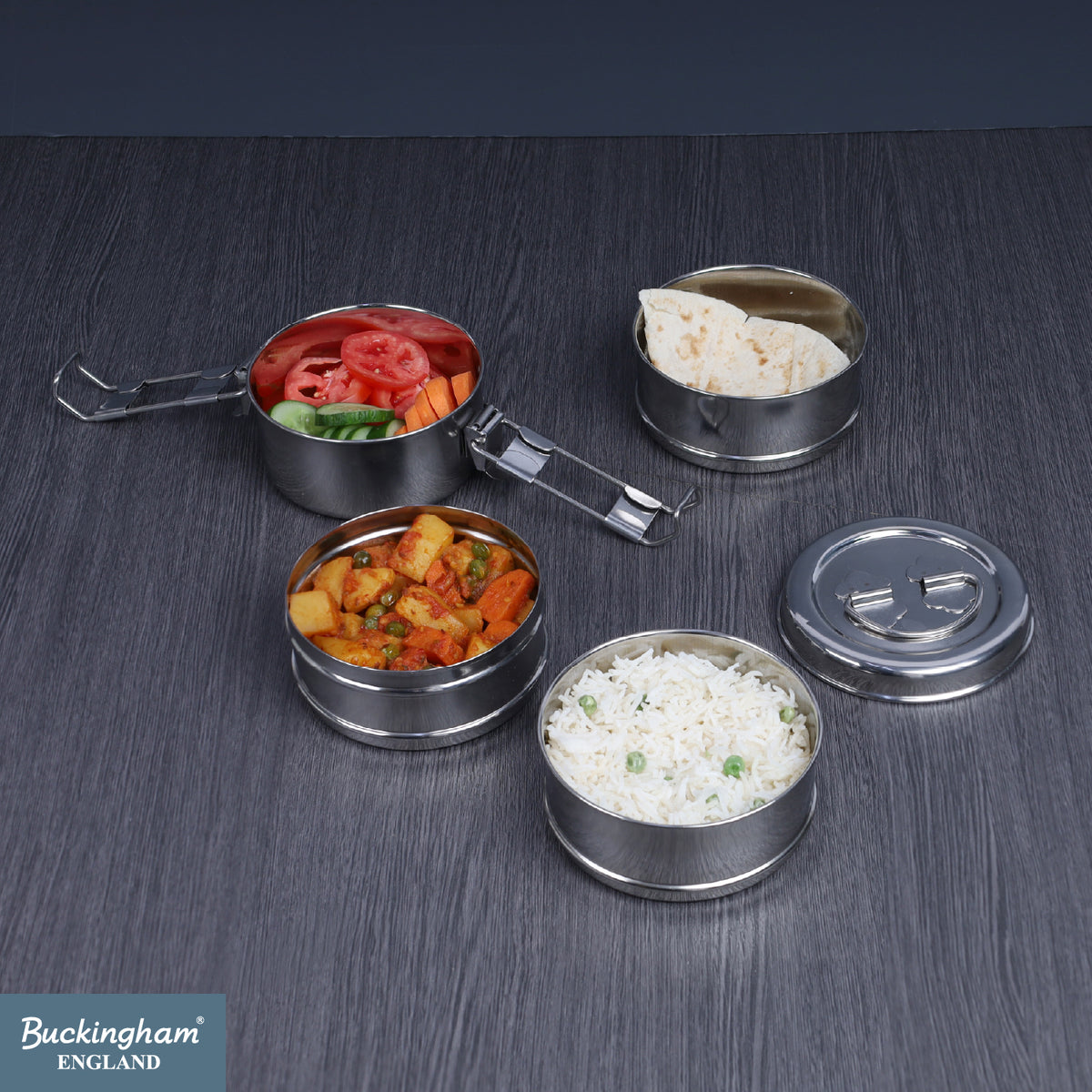 Buckingham Premium Stainless Steel Tiffin Box with Secure Locks & Carry Handle