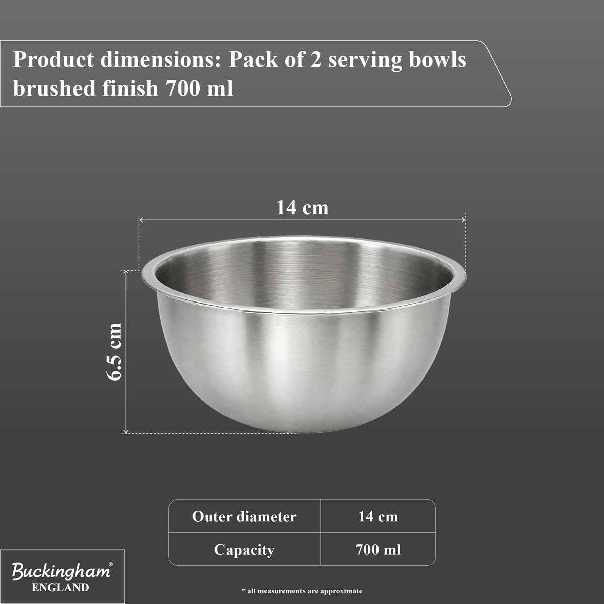 Buckingham Stainless Steel Pack of 2 Deep Salad bowl  / Serving Bowl for Baking 0.7 L