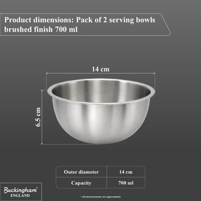 Buckingham Stainless Steel Pack of 2 Deep Salad bowl  / Serving Bowl for Baking 0.7 L