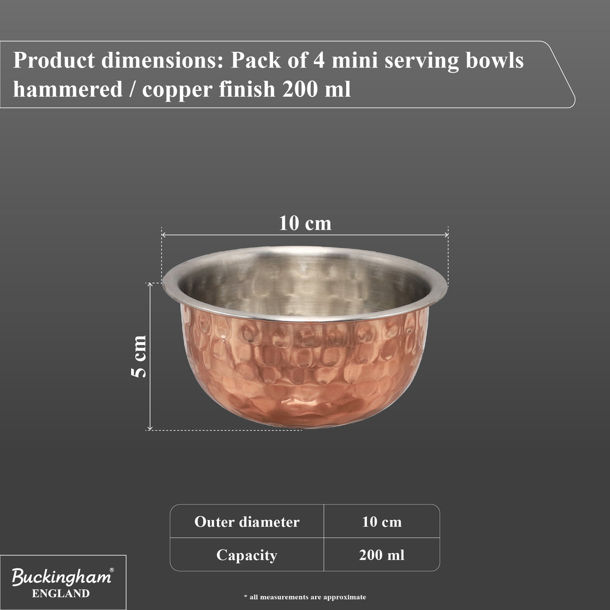 Buckingham Set of 4 Mini Hammered Copper Serving Bowls – 10 cm