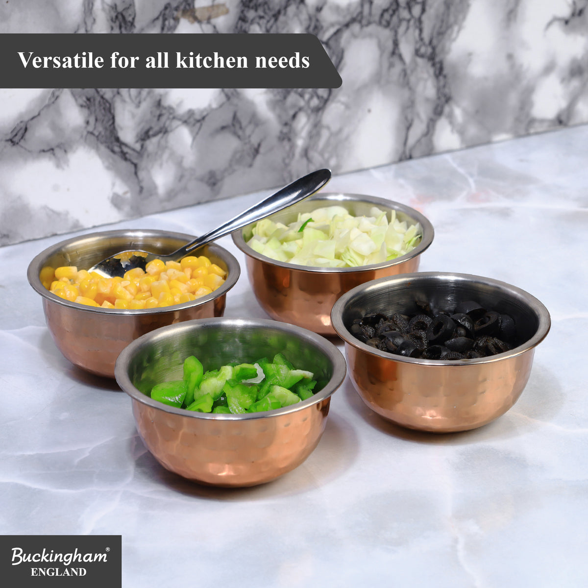 Buckingham Set of 4 Mini Hammered Copper Serving Bowls – 10 cm