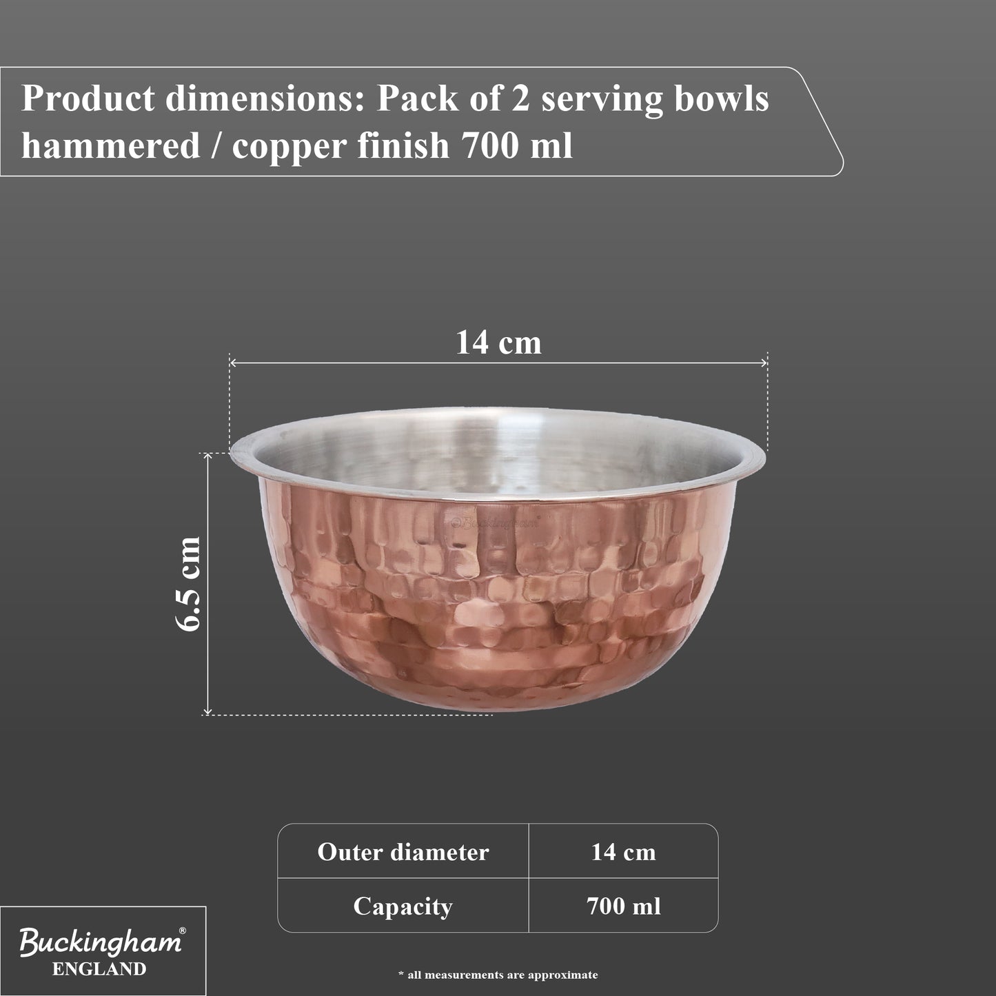 Buckingham Pack of 2 Mixing Bowls Stainless Steel with Hammered Copper Finish 0.7 L 14 cm