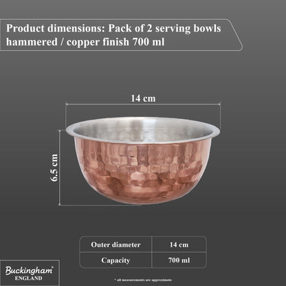 Buckingham Pack of 2 Mixing Bowls Stainless Steel with Hammered Copper Finish 0.7 L 14 cm
