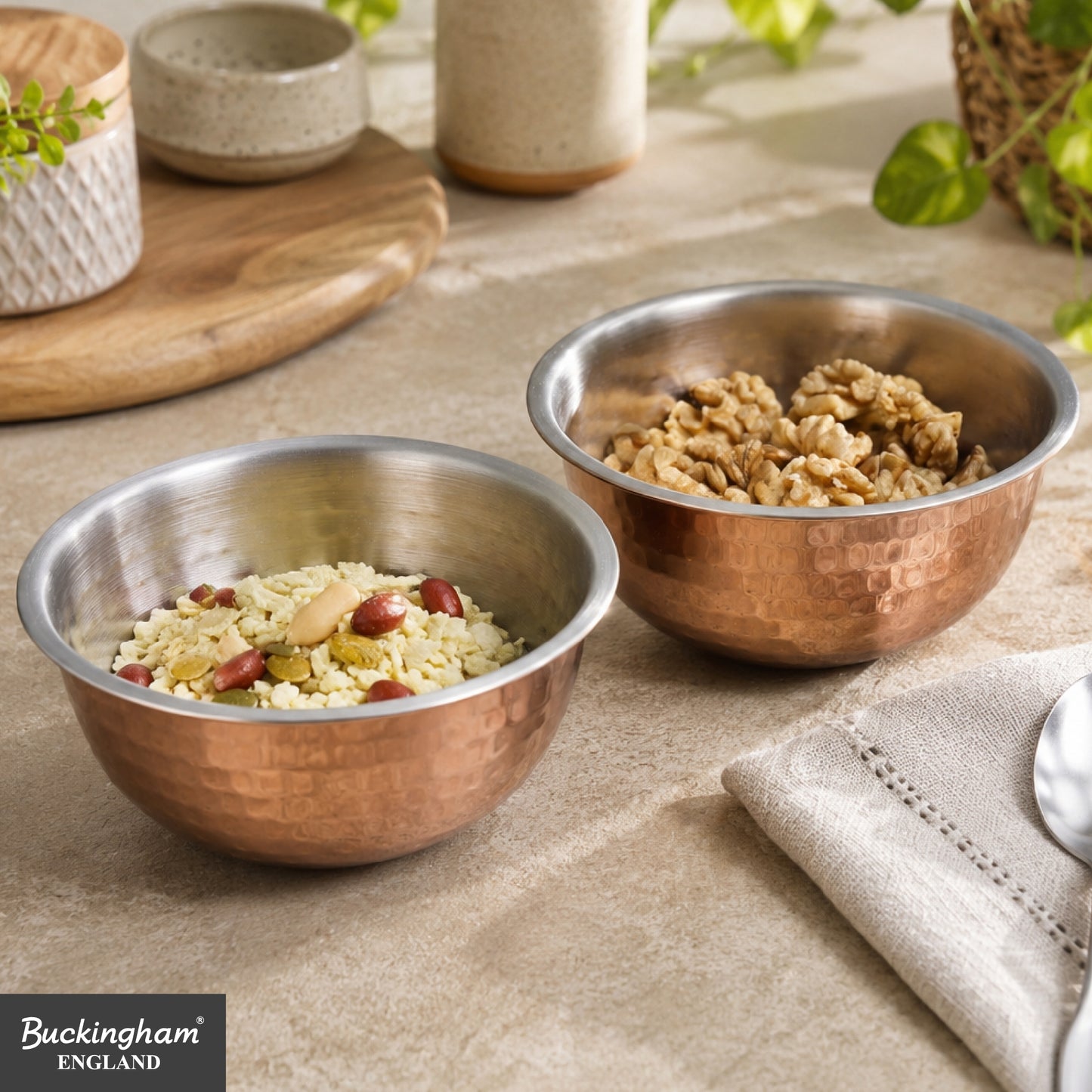 Buckingham Pack of 2 Mixing Bowls Stainless Steel with Hammered Copper Finish 0.7 L 14 cm