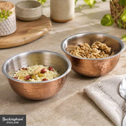 Buckingham Pack of 2 Mixing Bowls Stainless Steel with Hammered Copper Finish 0.7 L 14 cm
