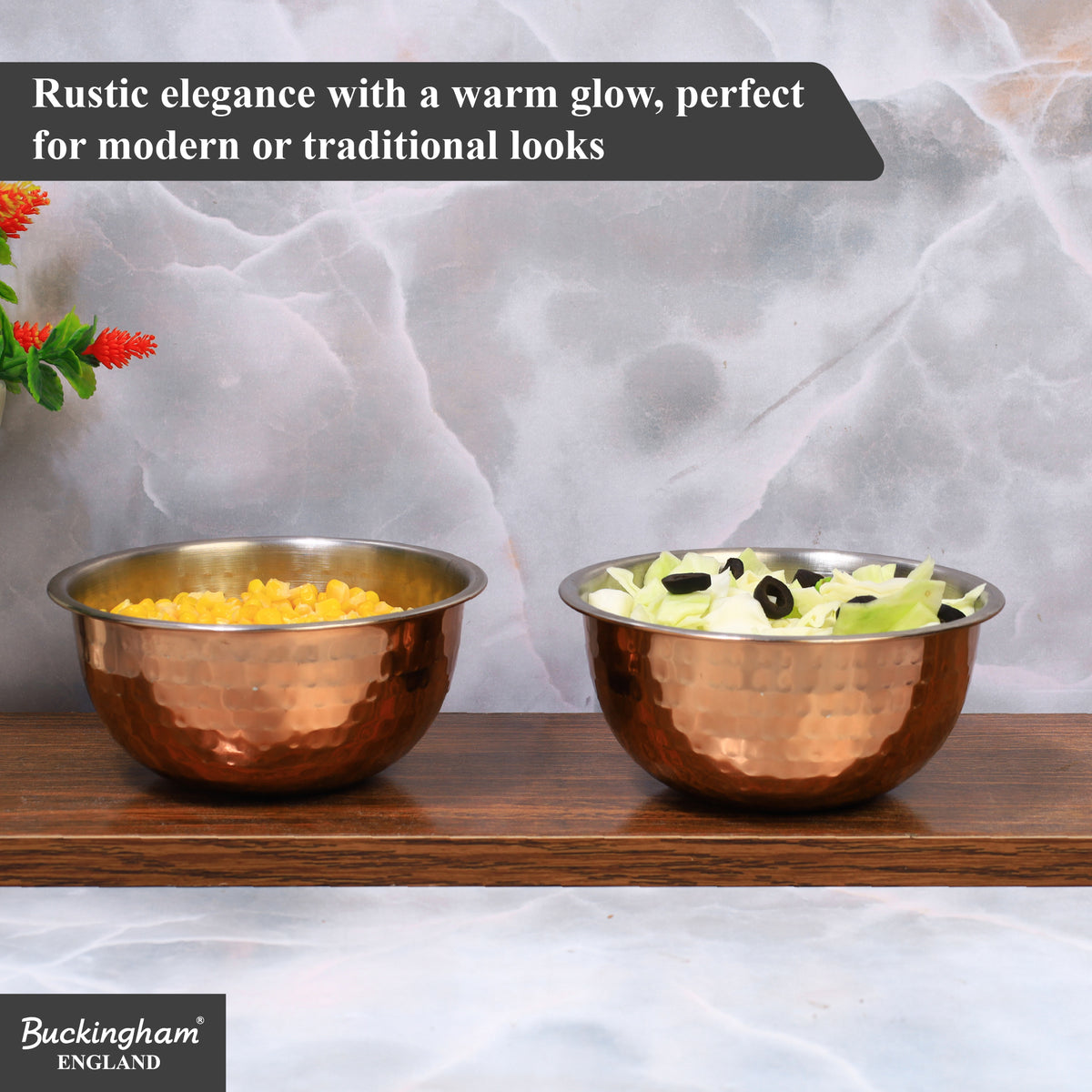 Buckingham Pack of 2 Mixing Bowls Stainless Steel with Hammered Copper Finish 0.7 L 14 cm